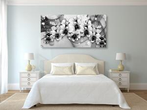 Tablou flori pe fundal abstract alb-negru