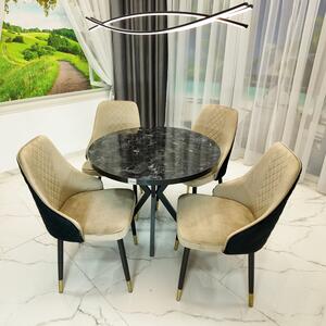 Set masa Hamburg Black Marble cu 4 scaune Modena bej, DENVER, picioare metalice negre, forma rotunda, 90x73 cm