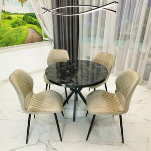Set masa Hamburg Black Marble cu 4 scaune Goteborg bej, DENVER, picioare metalice negre, forma rotunda, 90x73 cm