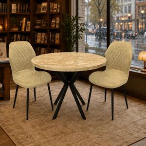 Set masa Hamburg Royal Beige cu 2 scaune Goteborg bej, DENVER, picioare metalice negre, forma rotunda, 90x73 cm