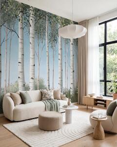 Tapet Pădurice de mesteacăn cu trunchiuri albe pe fundalul cerului albastru, în stil, Fototapet pădure, Fototapet Birches, w10047 : Uwalls.ro