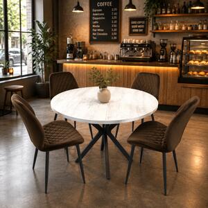 Set masa Hamburg Pin antichizat cu 4 scaune Goteborg maro, DENVER, picioare metalice negre, forma rotunda, 90x73 cm
