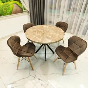 Set masa Hamburg Royal Beige cu 4 scaune Oslo catifea maro, DENVER, picioare metalice negre, forma rotunda, 90x73 cm