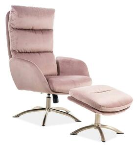 Fotoliu recliner cu taburet MONROE, roz antic/crom, stofa catifelata/m