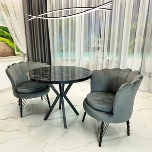 Set masa Hamburg Black Marble cu 2 fotolii Barcelona catifea gri, DENVER, picioare metalice negre, forma rotunda, 90x73 cm