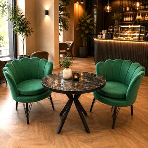 Set masa Hamburg Black Marble cu 2 fotolii Barcelona catifea verde, DENVER, picioare metalice negre, forma rotunda, 90x73 cm