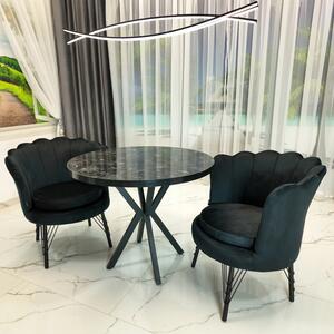 Set masa Hamburg Black Marble cu 2 fotolii Barcelona catifea neagra, DENVER, picioare metalice negre, forma rotunda, 90x73 cm