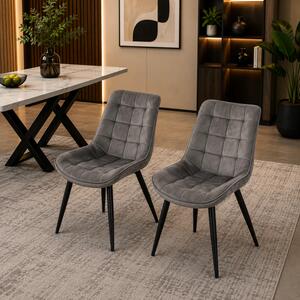 Set 2 scaune Osaka, DENVER, catifea gri, picioare metalice negre, 53x53x86 cm