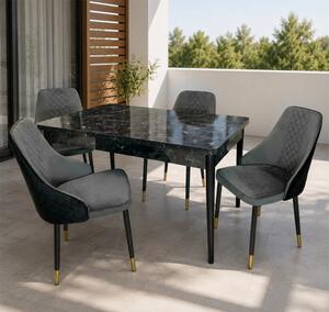 Set masa extensibila Napoli Black Marble cu 4 scaune Modena negru si gri, DENVER, picioare vopsite negru, 130x80x76 cm