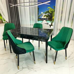 Set masa extensibila Napoli Black Marble cu 4 scaune Modena negru si verde, DENVER, picioare vopsite negru, 130x80x76 cm