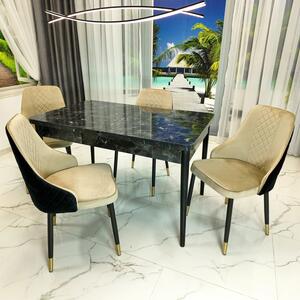 Set masa extensibila Napoli Black Marble cu 4 scaune Modena negru si bej, DENVER, picioare vopsite negru, 130x80x76 cm