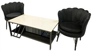 Set masuta cafea Indianapolis cu 2 fotolii Barcelona, DENVER, catifea neagra, dreptunghiulara, 60x60x45 cm