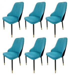 Set 6 scaune Modena, DENVER, catifea turcoaz cu negru, picioare metalice negre, 47x59x90 cm