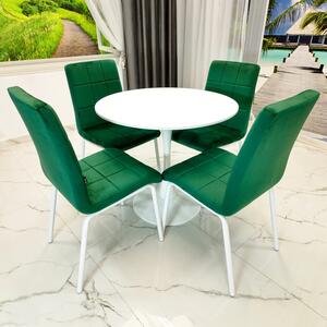 Set masa Innsbruck, DENVER, blat alb si picior alb cu 4 scaune Miami verde, forma rotunda, 80x73 cm
