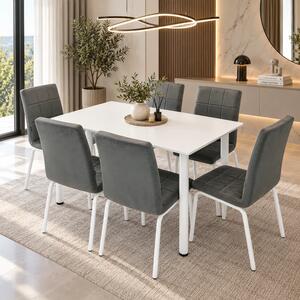 Set masa Bavaria alba cu 6 scaune Miami gri, DENVER, blat MDF alb, picioare albe, forma dreptunghiulara, 120x80 cm