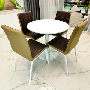 Set masa Innsbruck, DENVER, blat alb si picior alb cu 4 scaune Miami maro si bej, forma rotunda, 80x73 cm