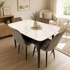 Set masa Viena alba cu 4 scaune Kobe maro, DENVER, blat ceramica, picioare negre, 120x80 cm