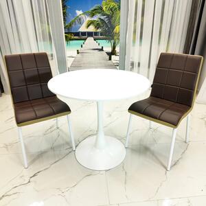 Set masa Innsbruck, DENVER, blat alb si picior alb cu 2 scaune Miami maro si bej, forma rotunda, 80x73 cm