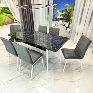 Set masa extensibila Napoli Black Marble cu 6 scaune Miami, DENVER, tapiterie din catifea gri, picioare vopsite alb, 130x80x76 cm