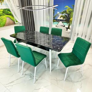 Set masa extensibila Napoli Black Marble cu 6 scaune Miami, DENVER, tapiterie din catifea verde, picioare vopsite alb, 130x80x76 cm