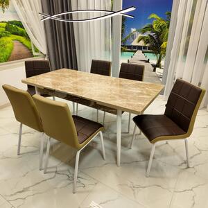 Set masa extensibila Napoli Royal Beige cu 6 scaune Miami, DENVER, tapiterie din piele ecologica maro-bej, picioare vopsite alb, 130x80x76 cm