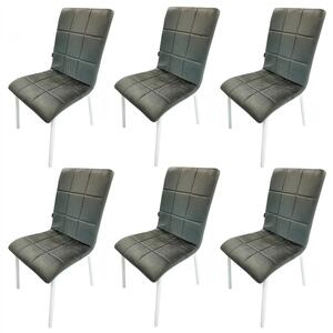 Set 6 scaune Miami, DENVER, catifea gri, picioare metalice albe, 53x53x86 cm