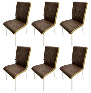 Set 6 scaune Miami, DENVER, piele ecologica maro si bej , picioare metalice albe, 53x53x86 cm