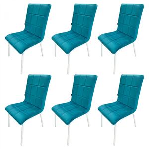 Set 6 scaune Miami, DENVER, catifea turcoaz, picioare metalice albe, 53x53x86 cm