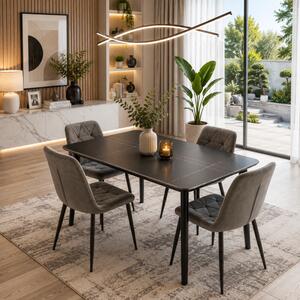 Set masa Viena neagra cu 4 scaune Kobe gri, DENVER, blat ceramica, picioare negre, 120x80 cm