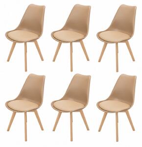 Set 6 scaune Stockholm, DENVER, piele ecologica cappuccino, picioare lemn, 48x50x86 cm