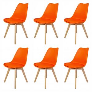 Set 6 scaune Stockholm, DENVER, piele ecologica portocalie, picioare lemn, 48x50x86 cm