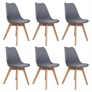 Set 6 scaune Stockholm, DENVER, piele ecologica gri, picioare lemn, 48x50x86 cm