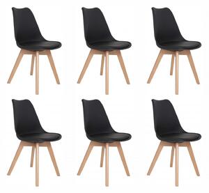 Set 6 scaune Stockholm, DENVER, piele ecologica neagra, picioare lemn, 48x50x86 cm