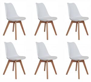 Set 6 scaune Stockholm, DENVER, piele ecologica alba, picioare lemn, 48x50x86 cm