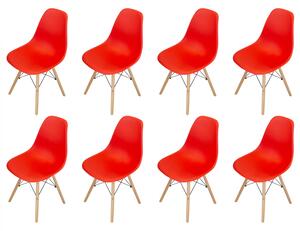 Set 8 scaune Malmo, DENVER, sezut tip scoica rosu, picioare lemn, 48x54x80 cm