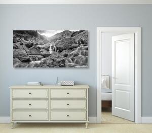 Tablou cascadele alpine în design alb-negru