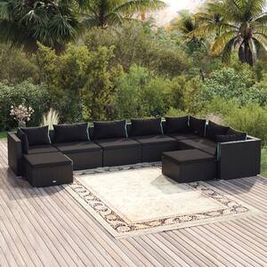 Set mobilier de grădină cu perne, 9 piese, negru, poliratan