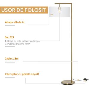 Lampa de podea moderna HOMCOM din metal si cu abajur din material textil, lampa de lectura E27 dimensiune 47x37x153 cm, culoare auriu si alb