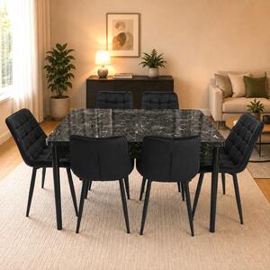 Set masa extensibila Napoli Black Marble cu 6 scaune Osaka negru, DENVER, picioare vopsite negru, 130x80x76 cm