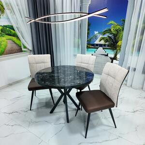Set masa Hamburg Black Marble cu 3 scaune Tivoli maro cu bej, DENVER, picioare negre, forma rotunda, 90x73 cm