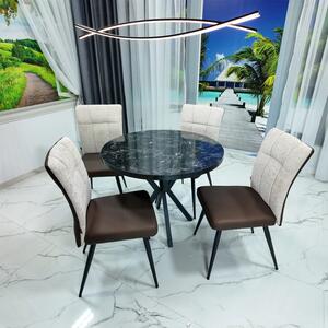 Set masa Hamburg Black Marble cu 4 scaune Tivoli maro cu bej, DENVER, picioare negre, forma rotunda, 90x73 cm