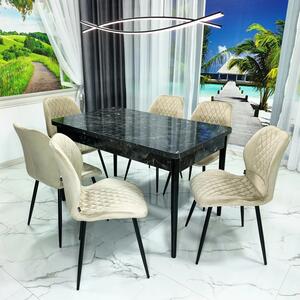 Set masa extensibila Napoli Black Marble cu 6 scaune Goteborg bej, DENVER, picioare vopsite negru, 130x80x76 cm