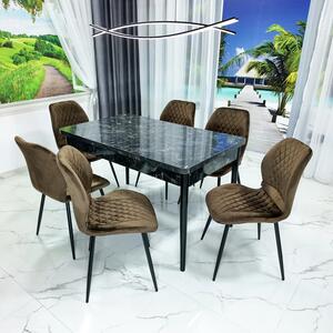 Set masa extensibila Napoli Black Marble cu 6 scaune Goteborg maro, DENVER, picioare vopsite negru, 130x80x76 cm