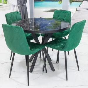 Set masa Hamburg Black Marble cu 4 scaune Kobe verde, picioare metalice negre, forma rotunda, 90x73 cm