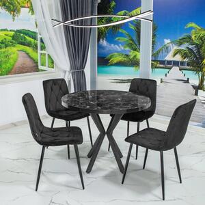 Set masa Hamburg Black Marble cu 4 scaune Kobe negru, DENVER, picioare metalice negre, forma rotunda, 90x73 cm