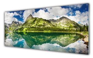 Tablou pe sticla Mountain Lake Peisaj Verde Gri Albastru