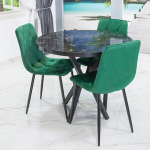 Set masa Hamburg Black Marble cu 3 scaune Kobe verde, picioare metalice negre, forma rotunda, 90x73 cm