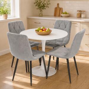 Set masa Innsbruck, DENVER, blat alb si picior alb cu 4 scaune Kobe gri, forma rotunda, 80x73 cm