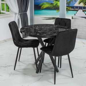 Set masa Hamburg Black Marble cu 3 scaune Kobe negru, DENVER, picioare metalice negre, forma rotunda, 90x73 cm