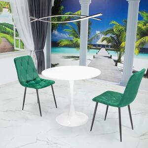 Set masa Innsbruck, DENVER, blat alb si picior alb cu 2 scaune Kobe verde, forma rotunda, 80x73 cm